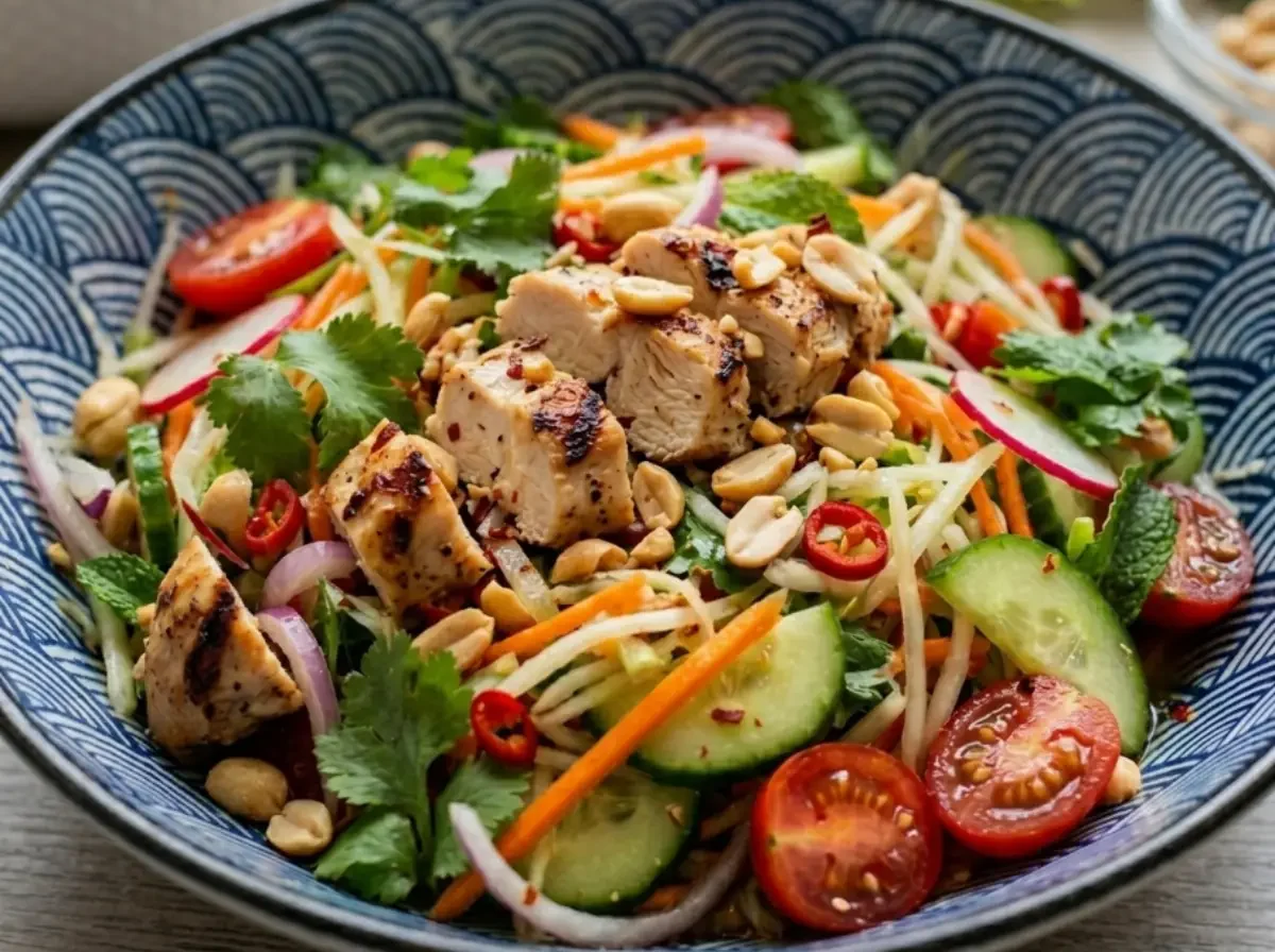 Nahaufnahme einer Schale mit buntem, scharfem thailändischen Hähnchensalat. Der Salat besteht aus gegrillten Hähnchenstreifen, Gurken, Tomaten, Karotten, roten Zwiebeln, frischem Koriander, roten Chiliringen und gerösteten Erdnüssen.