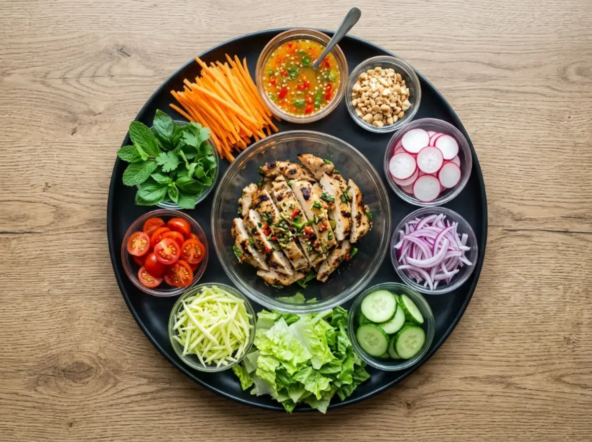 Übersicht aller vorbereiteten Zutaten für den scharfen thailändischen Hähnchensalat, arrangiert in kleinen Schälchen auf einem runden schwarzen Tablett. In der Mitte befindet sich geschnittenes Hähnchenfleisch, drumherum frisches Gemüse, Kräuter, Erdnüsse und ein Chili-Dressing.