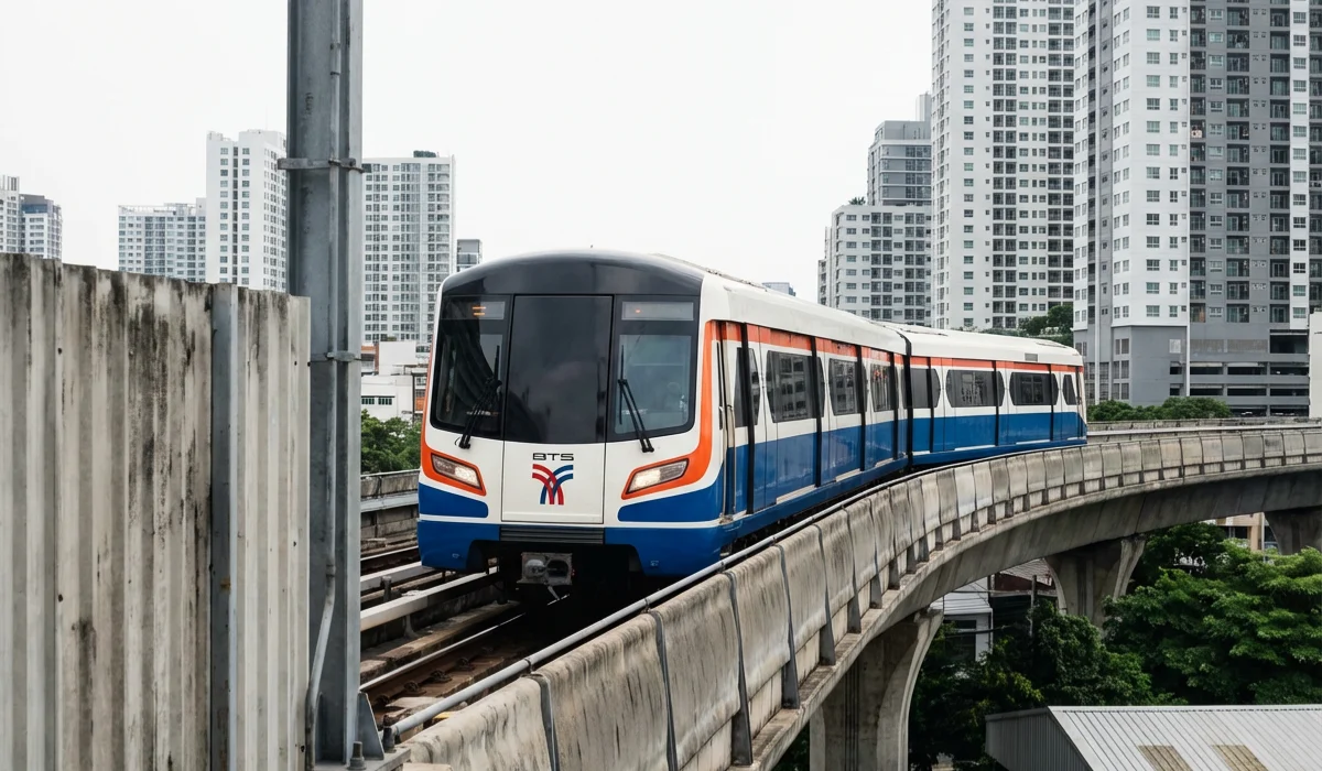 Ein moderner BTS Skytrain in den Farben Weiß, Blau und Orange fährt auf einer kurvigen, erhöhten Betontrasse. Im Hintergrund ragen mehrere hohe, weiße Wohnhochhäuser in den hellen Himmel, und im Vordergrund ist links eine Betonwand der Trasse zu sehen.