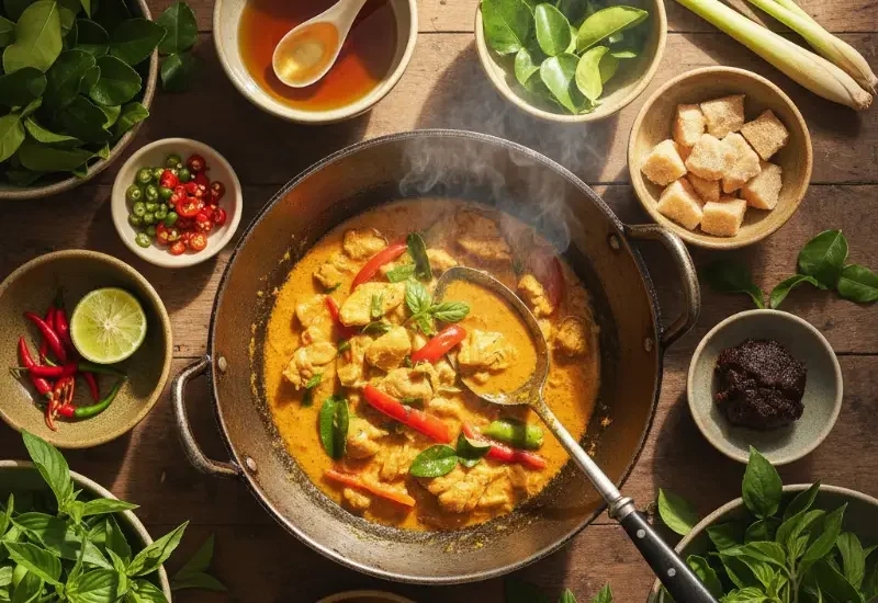 Vogelperspektive auf ein thailändisches Curry in einem Wok, aus dem sanfter Dampf aufsteigt. Um den Wok herum stehen kleine keramische Schüsseln mit typischen Zutaten: Fischsauce mit Löffel, Palmzucker-Stücken, roten und grünen Chilischeiben, Limettenhälften, Tamarindpaste, Kaffirlimettenblättern, Zitronengras und Thaibasilikum. Ein Metalllöffel hängt halb im Wok, als hätte der Koch gerade probiert. Szene in warmem Tageslicht mit lebendigen Farben auf einer Holzarbeitsplatte.