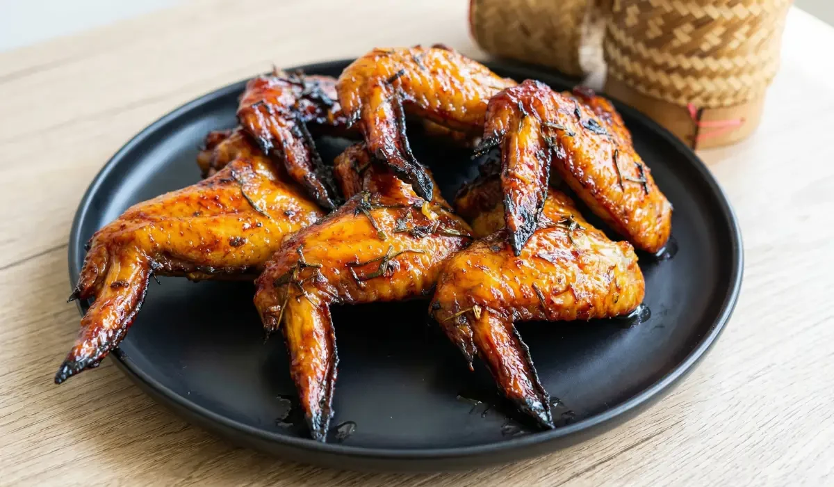 Saftig gegrillte Thai Chicken Wings mit goldbrauner, glänzender Glasur auf einem mattschwarzen Teller, serviert neben einem traditionellen thailändischen Bambus-Korb für Klebreis.