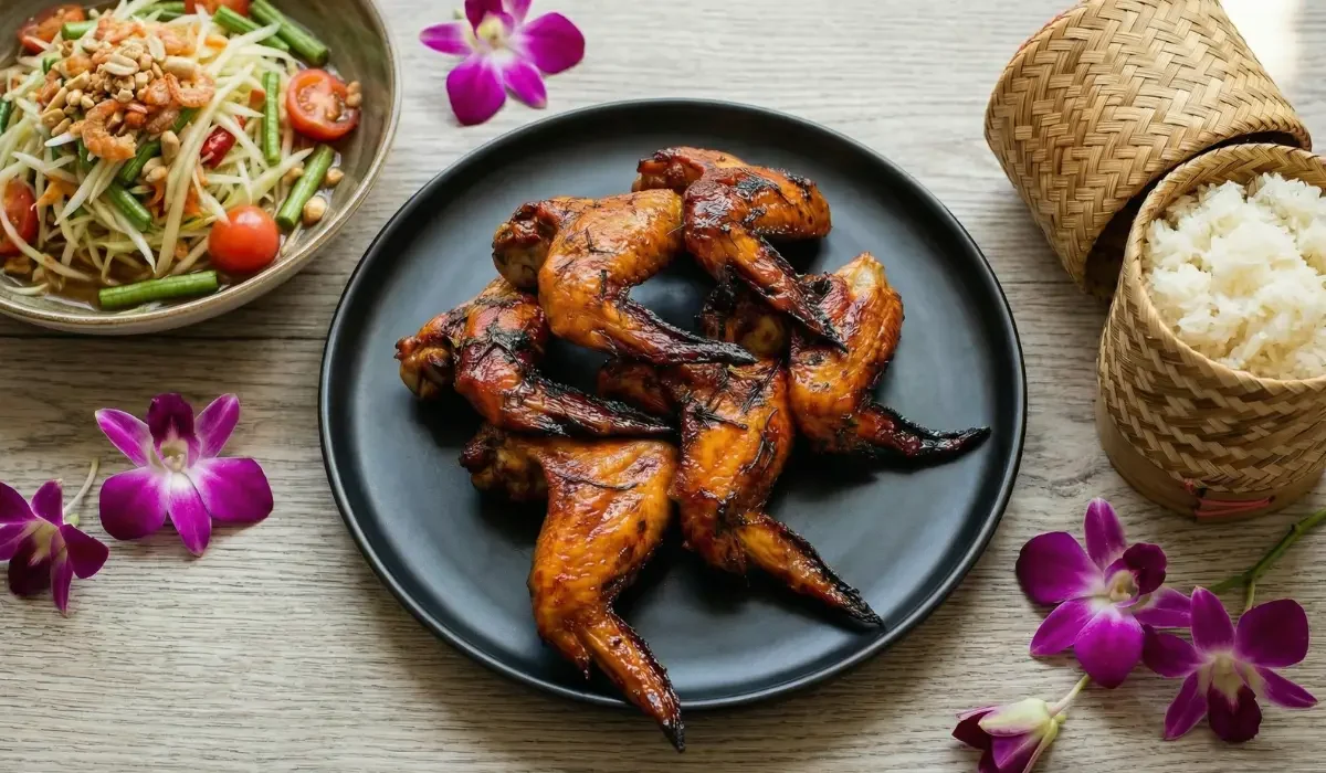 Ein komplettes thailändisches Gericht mit Thai Chicken Wings auf einem schwarzen Teller, serviert mit Papaya-Salat (Som Tum), Klebreis im Bambusbehälter und dekoriert mit violetten Orchideen.