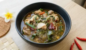 Eine schwarze Schüssel mit der fertig gekochten, würzigen Thai Glasnudelsuppe mit Hühnchen. Die Suppe enthält reichlich Glasnudeln, Fleischstücke, grünes Gemüse und Chili, dekoriert mit frischen Chilischoten und einer Blüte auf dem Tisch.