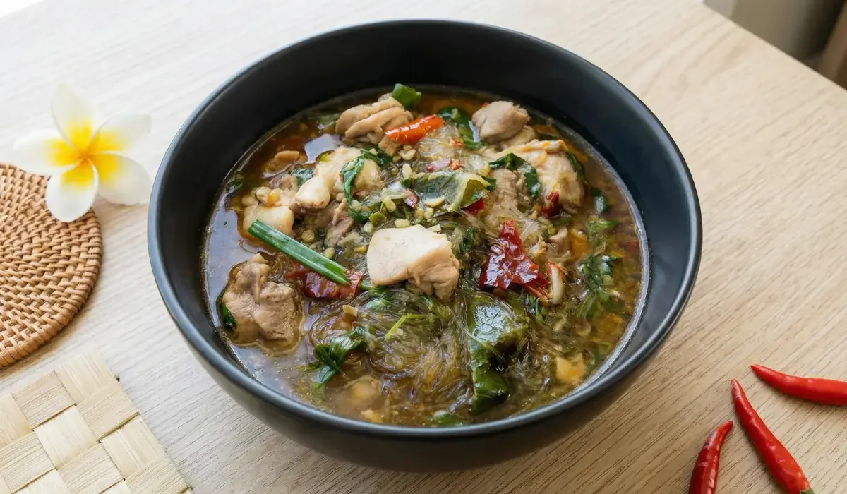 Eine schwarze Schüssel mit der fertig gekochten, würzigen Thai Glasnudelsuppe mit Hühnchen. Die Suppe enthält reichlich Glasnudeln, Fleischstücke, grünes Gemüse und Chili, dekoriert mit frischen Chilischoten und einer Blüte auf dem Tisch.