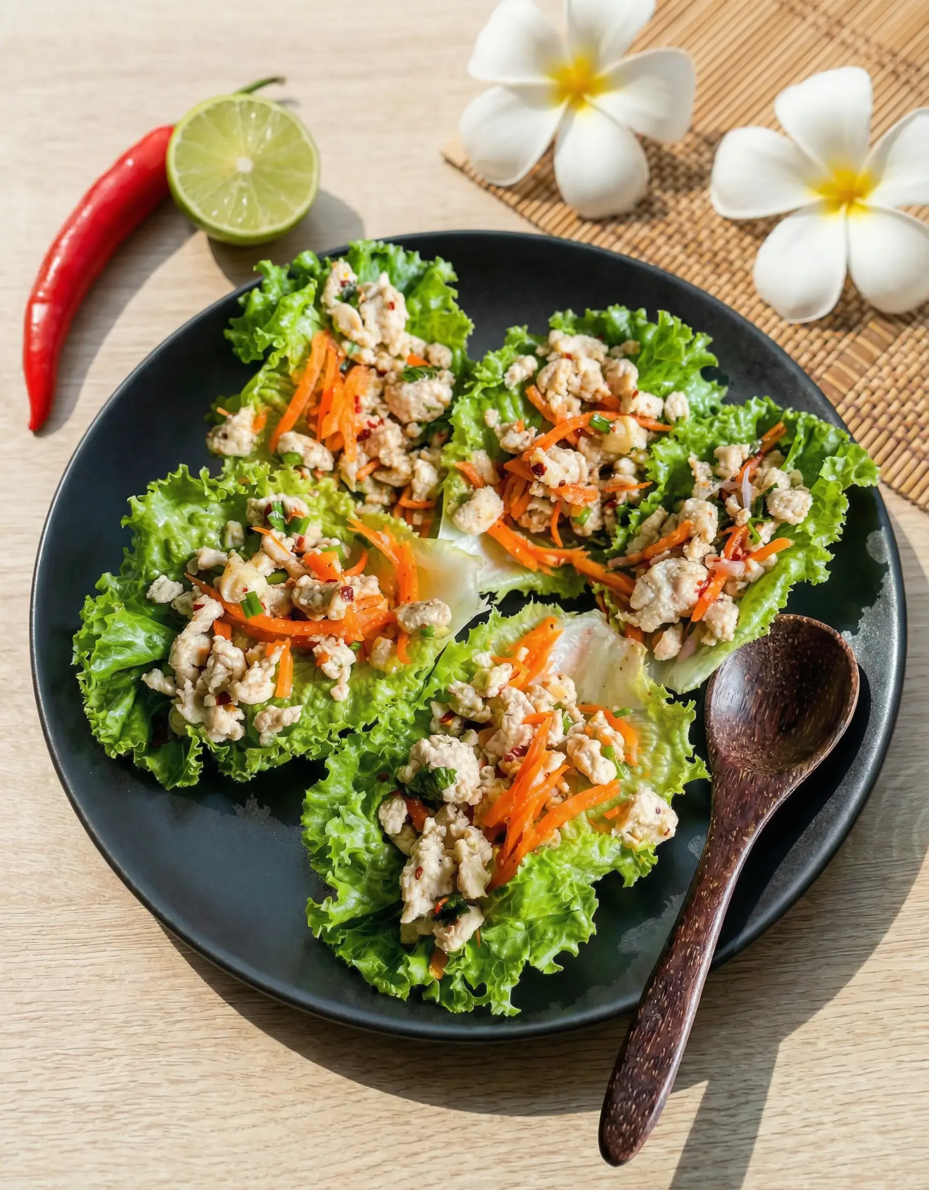 Draufsicht auf einen schwarzen Teller mit frischen Thai-Salat-Wraps. Die grünen Salatblätter sind reichlich gefüllt mit gewürztem Hähnchenfleisch und Karotten. Ein dunkler Holzlöffel liegt auf dem Teller, daneben sommerliche Dekoration mit Blüten auf einer Bambusmatte.