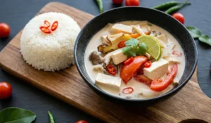 Eine schwarze Schale mit cremiger Thai Kokossuppe mit Tofu, Tomaten, Pilzen und frischen Kräutern, serviert auf einem Holzbrett neben einer Portion weißem Reis.