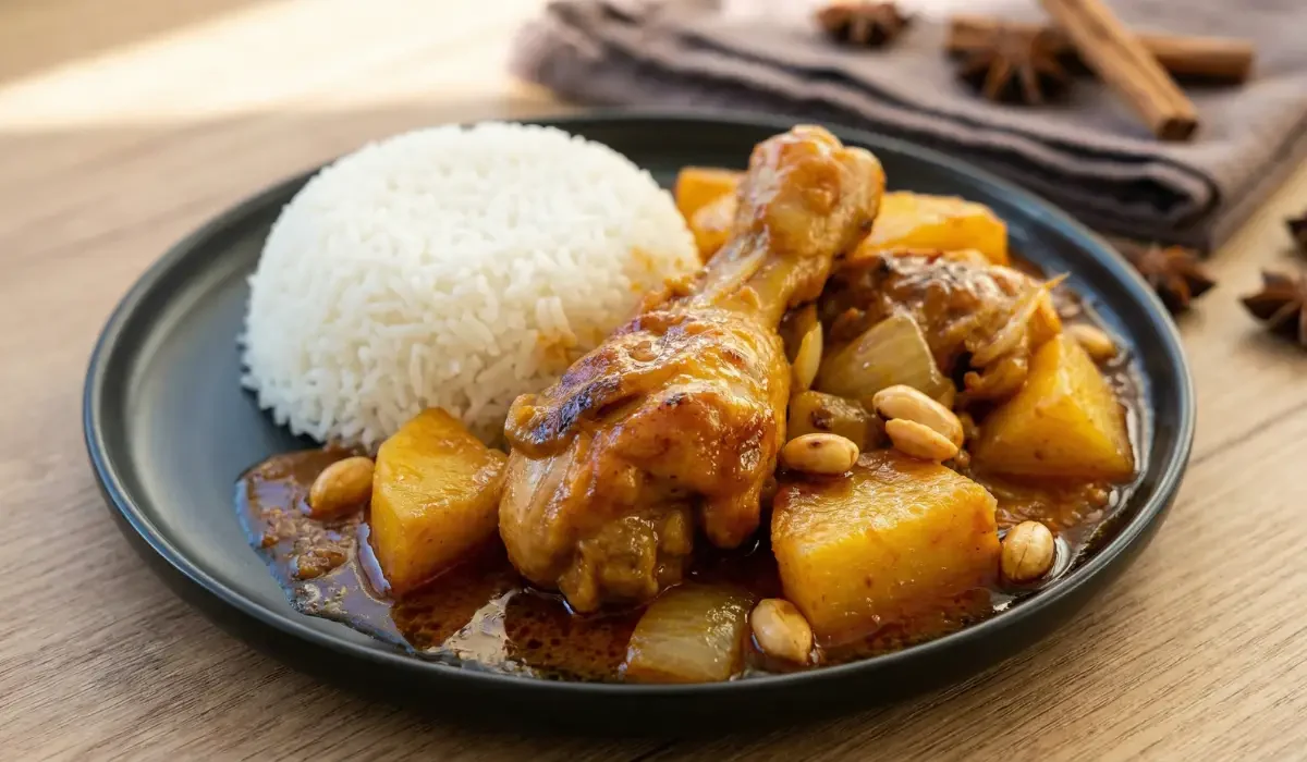 Thai Massaman Curry mit Hähnchenkeule, Kartoffeln, Zwiebeln, Erdnüssen und Reis auf schwarzem Teller