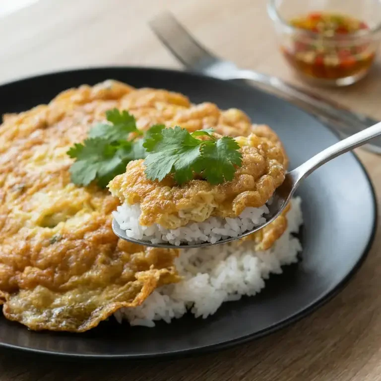 Ein Löffel hebt eine Portion saftiges Thai Omelett mit Hackfleisch und Reis an, Nahaufnahme des Gerichts.