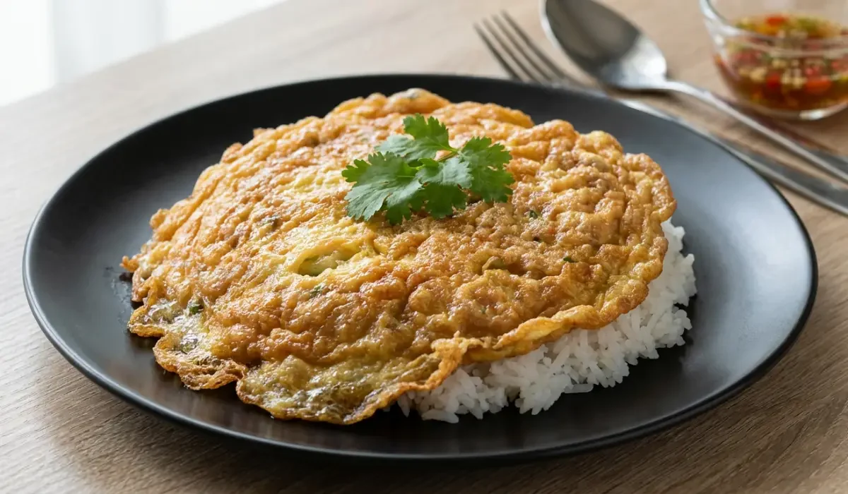 Goldbraun gebratenes Thai Omelett mit Hackfleisch (Kai Jeow Moo Sab) serviert auf Jasminreis auf einem schwarzen Teller.
