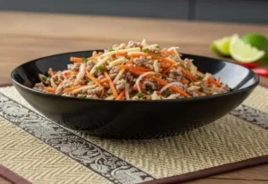 Ein schwarzer Teller mit Nam Sod, Thai Salat mit Schweinefleisch und Ingwer.