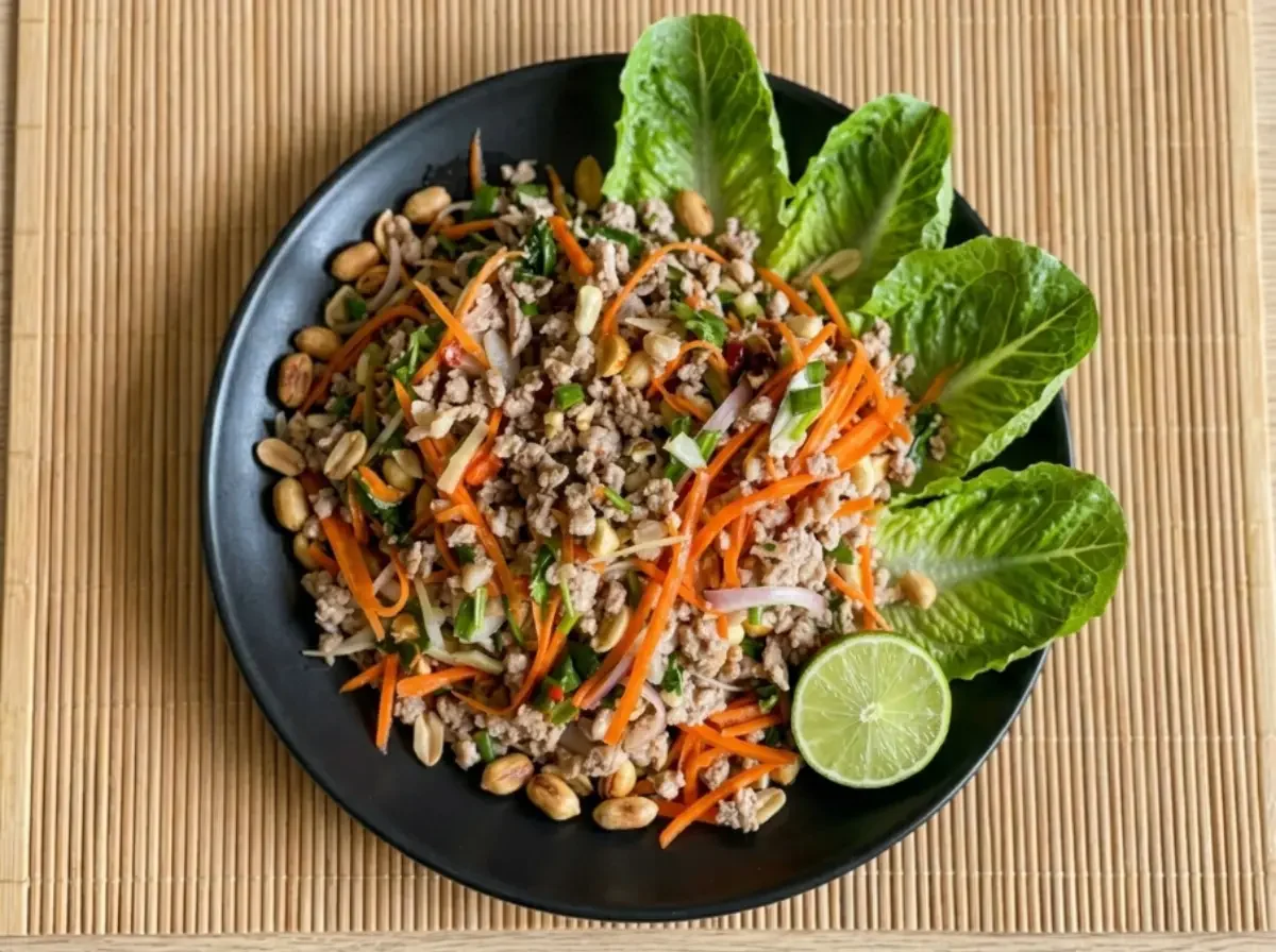 Frisch zubereiteter Nam Sod (thailändischer Schweinefleischsalat) appetitlich angerichtet auf einem schwarzen Teller. Der Salat ist gemischt mit Karottenstreifen, Erdnüssen und Kräutern und wird auf Romanasalat-Blättern mit einer halben Limette serviert.