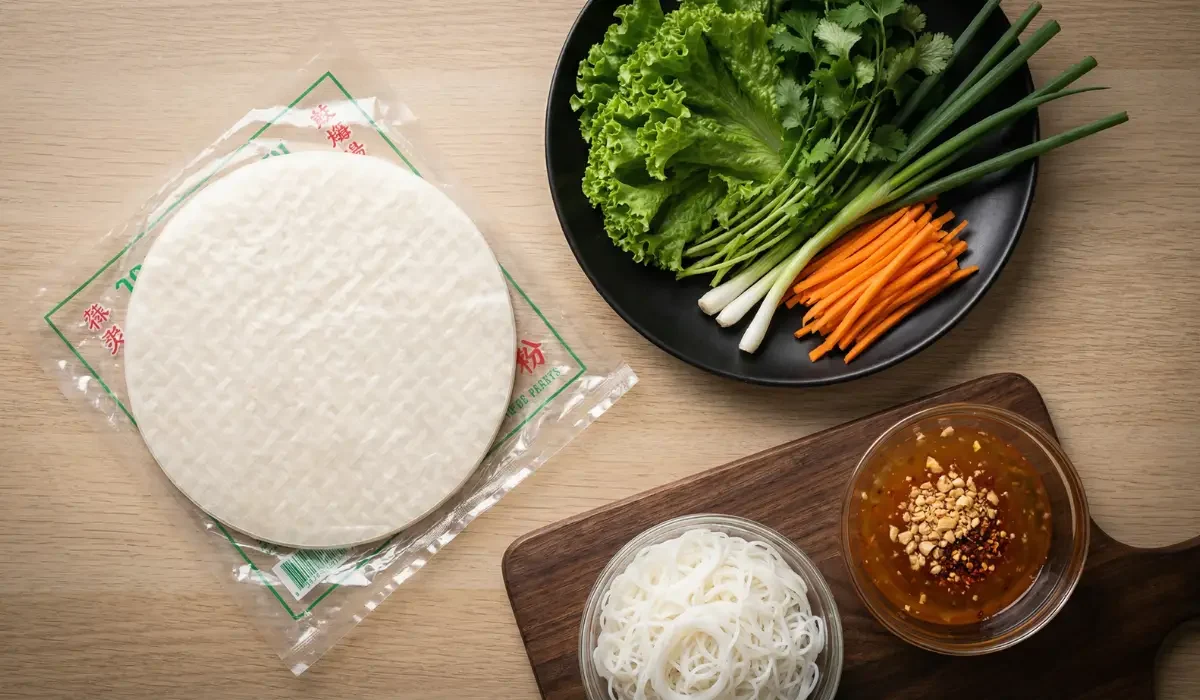 Zutaten für Thai Sommerrollen mit Reispapier, Glasnudeln, Gemüse, Kräutern und Dip