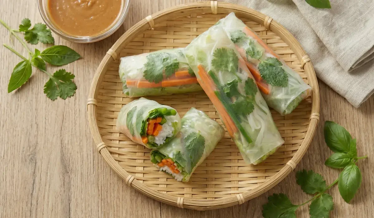 Frisch gerollte Thai Sommerrollen auf Bambustablett mit Gemüse, Kräutern, Glasnudeln und Dip