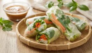 Thai Sommerrollen auf Bambustablett mit Gemüse, Glasnudeln und cremigem Dip in Nahaufnahme