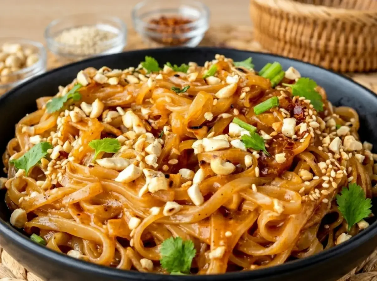 Eine schwarze Schüssel voll mit cremigen Thailändischen Erdnuss-Nudeln, großzügig garniert mit gehackten Erdnüssen, Frühlingszwiebeln, Sesam und frischem Koriander.