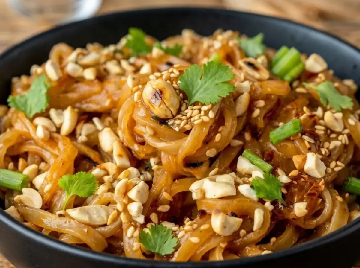 Appetitliche Detailaufnahme der Thailändischen Erdnuss-Nudeln, die die glänzende Soße und das knusprige Topping aus Erdnüssen und Sesam zeigt.