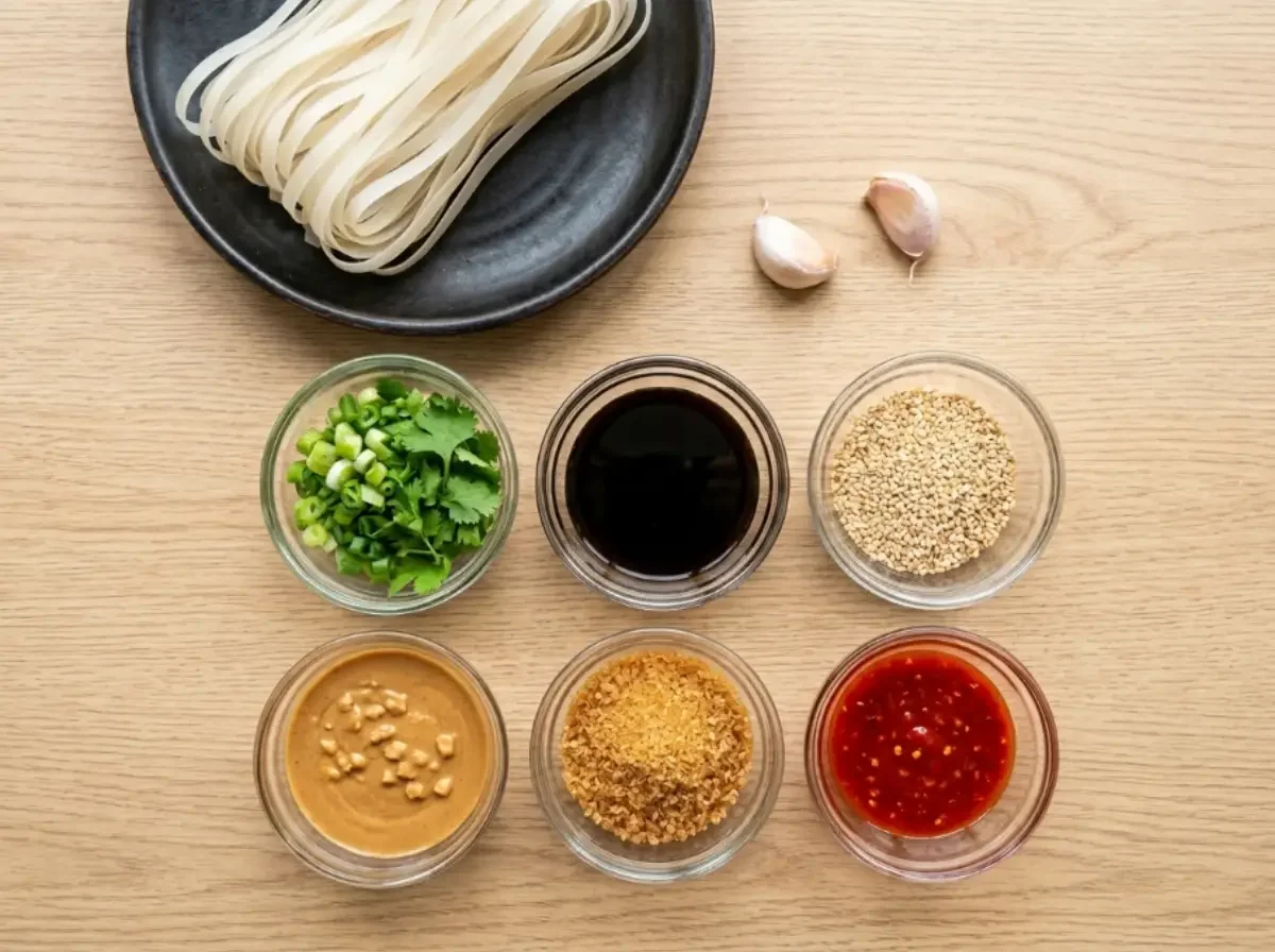 Übersicht der Zutaten für Thailändische Erdnuss-Nudeln: Rohe Reisnudeln, Knoblauch und kleine Glasschälchen mit Kräutern, Sojasoße, Sesam, Erdnussbutter, braunem Zucker und Chilisoße auf einem Holztisch.