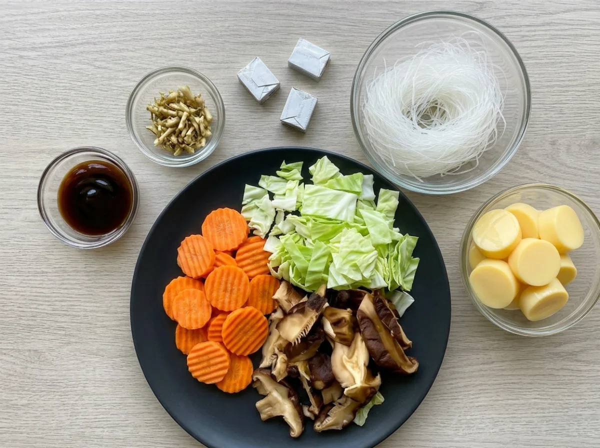 Zutaten für thailändische Gemüsesuppe mit Glasnudeln, Kohl, Karotten, Pilzen, Tofu und Würzsauce auf dem Tisch