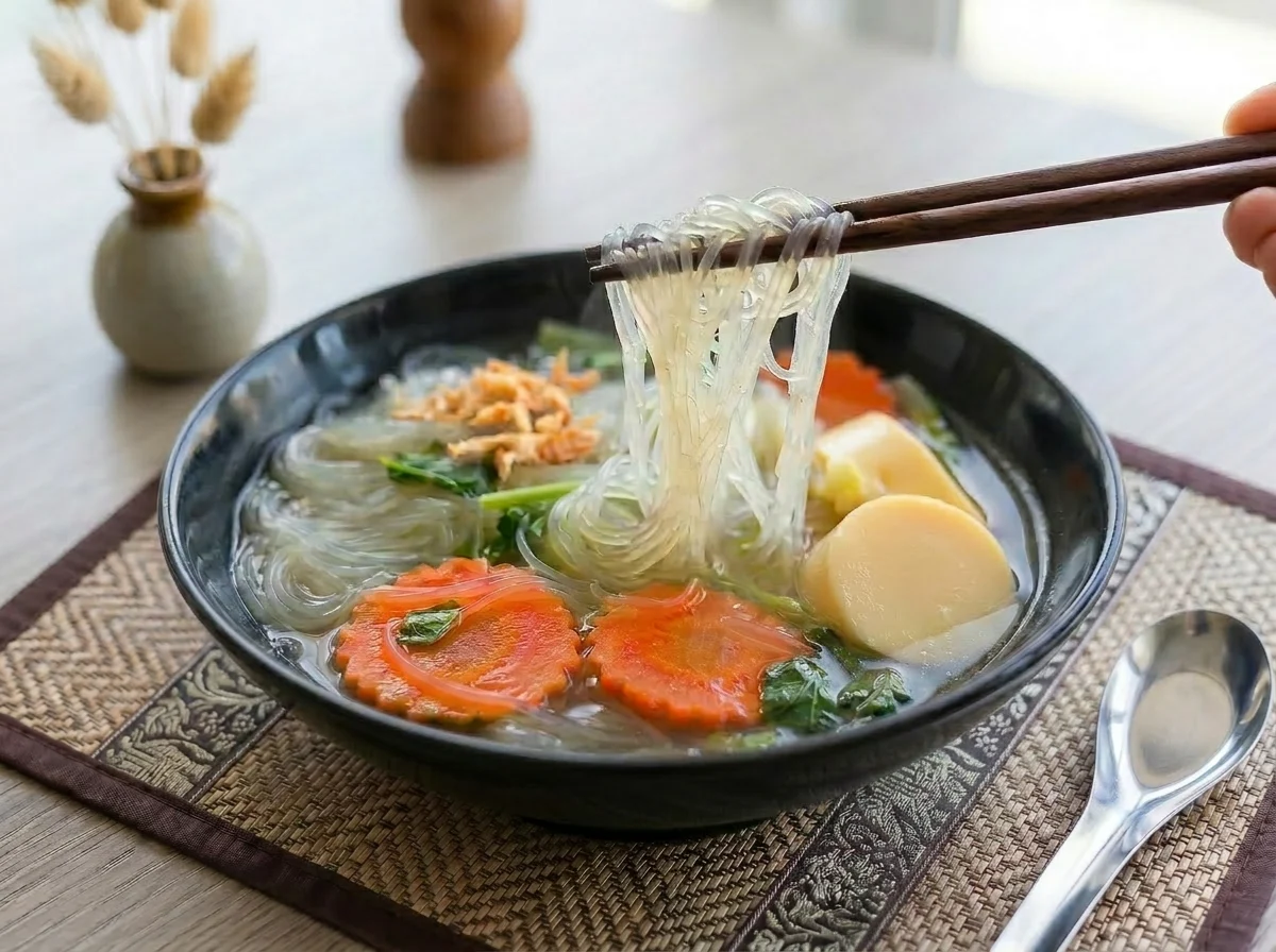Thailändische Gemüsesuppe mit Glasnudeln, Karotten, Kohl und Tofu in schwarzer Schüssel, Nudeln mit Stäbchen angehoben