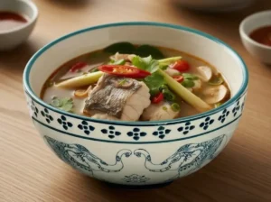 Eine dekorative Keramikschale gefüllt mit einer Thailändischen Scharf-Sauren Fischsuppe, garniert mit frischem Zitronengras, Tomaten, Champignons und roten Chilischeiben.