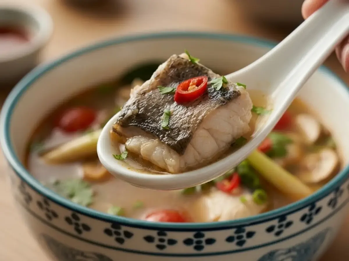 Saftiges Stück weißer Fisch mit roter Chili auf einem Löffel über einer Schüssel Thailändische Scharf-Saure Fischsuppe.