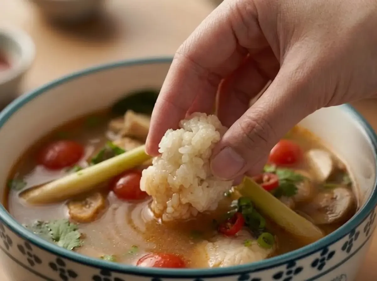 Eine Hand tunkt eine Kugel thailändischen Klebreis direkt in eine Schüssel Thailändische Scharf-Saure Fischsuppe mit Tomaten und Zitronengras.