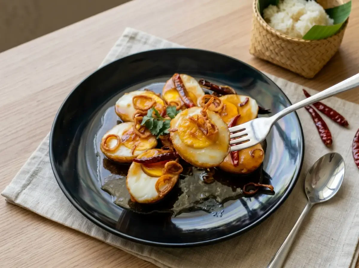 Authentisches Kai Look Keuy aus Thailand, frittierte Eier mit karamellisierter Sauce, knusprigen Schalotten und Chili, typisch für die thailändische Küche.