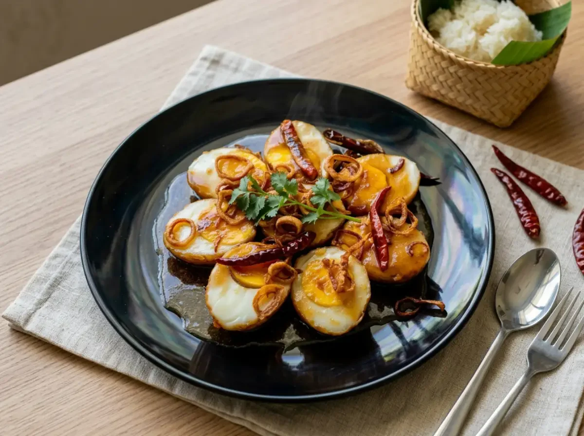 Kai Look Keuy – thailändische Schwiegersohn Eier mit süß-saurer Tamarindensauce, Röstzwiebeln und getrockneten Chilis, serviert auf schwarzem Teller.
