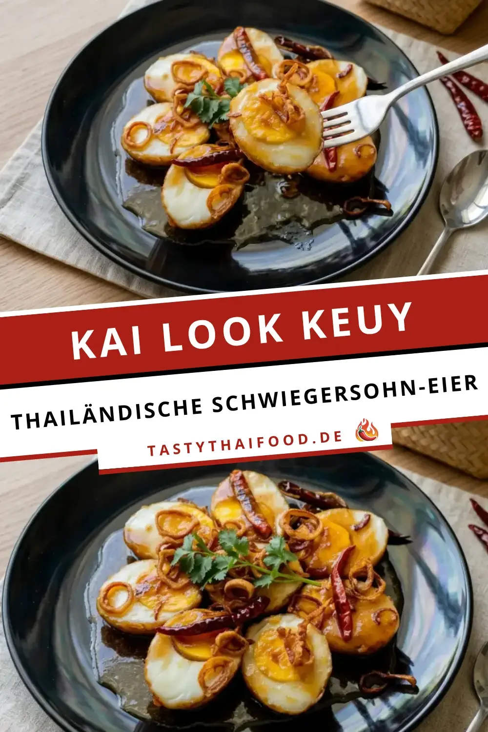 Kai Look Keuy – traditionelle thailändische Schwiegersohn Eier mit Tamarindensauce, ein beliebtes Gericht aus der Thai-Küche.