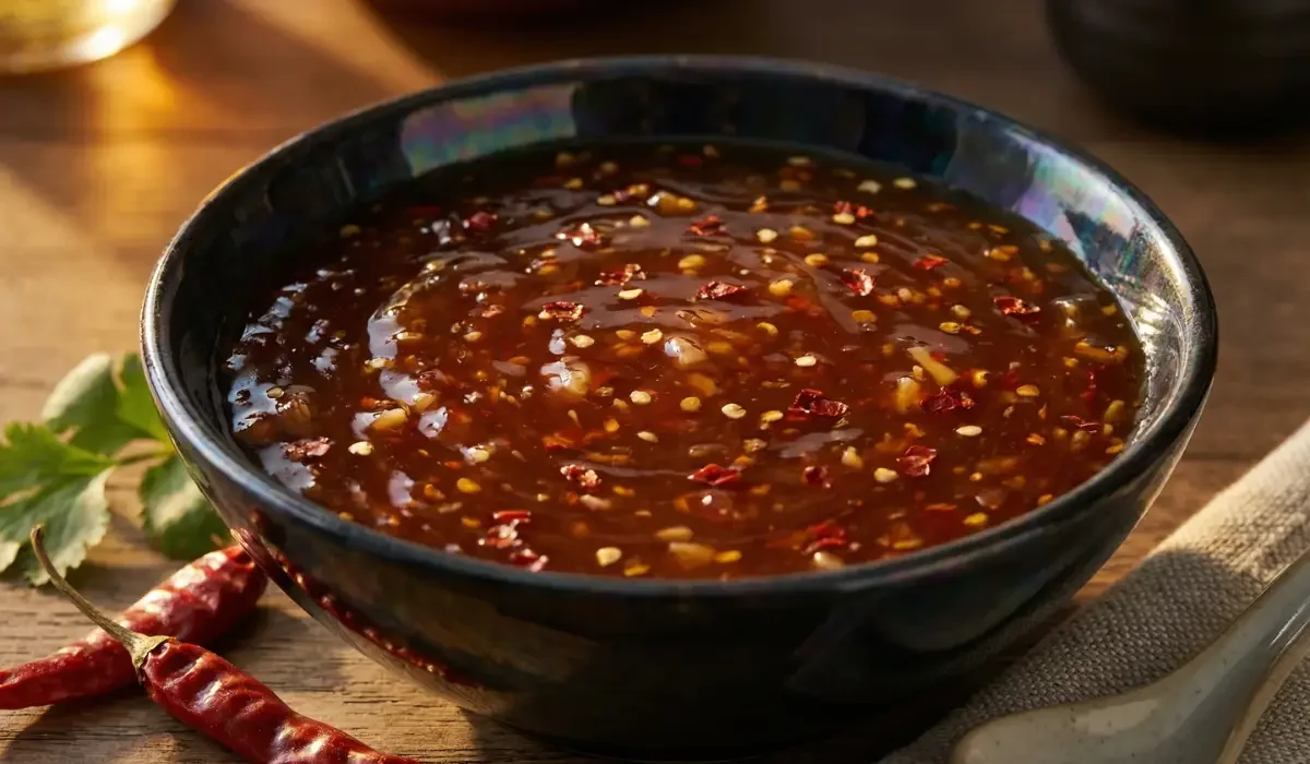 Thailändische Sweet Chilisauce mit sichtbaren Chiliflocken und Kernen in einer dunklen Schale serviert, angerichtet auf einem Holztisch neben getrockneten roten Chilis und Koriander.