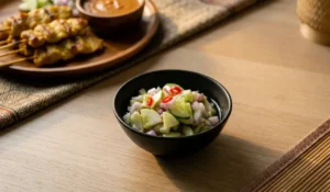 Frischer thailändischer Gurkensalat (Ajaad) mit Gurkenstücken, Schalotten und Chili in einer schwarzen Schale, serviert als Beilage zu Hähnchen-Satay im Hintergrund.