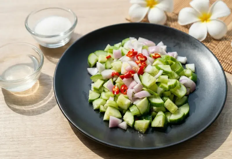 Zutaten für einen thailändischen Gurkensalat mit gewürfelten Gurken, Schalotten und Chili auf einem schwarzen Teller.