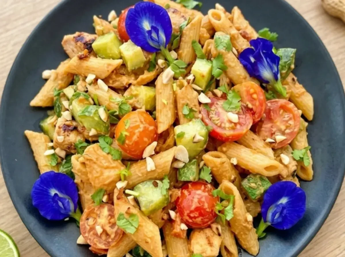Angerichteter Nudelsalat mit Hähnchen, Gurke, Cherrytomaten, Kräutern und gehackten Erdnüssen auf schwarzem Teller.