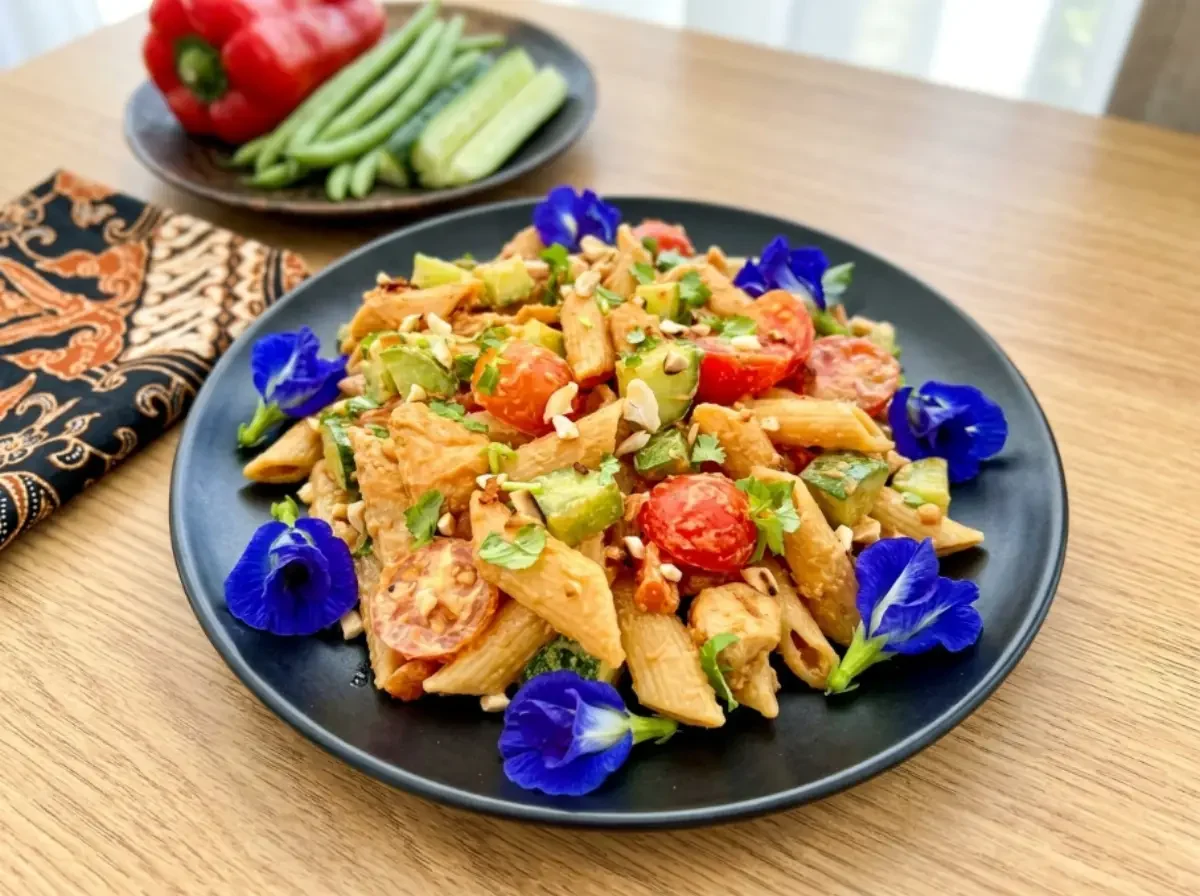 Thailändischer Nudelsalat mit Hähnchen auf schwarzem Teller auf Holztisch, dekoriert mit Kräutern und blauen essbaren Blüten.