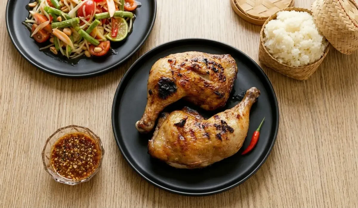 Thailändisches Grillhähnchen mit goldbrauner Haut, roter Chili und traditionellen Thai Beilagen