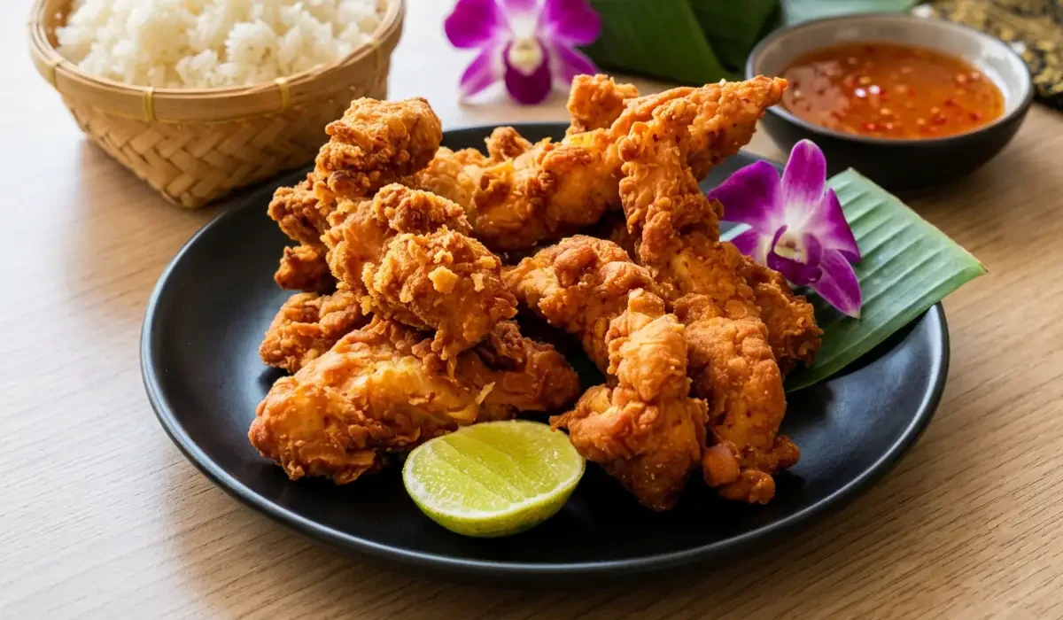 Thailändisches frittiertes Hähnchen auf schwarzem Teller mit Limette, Chilisauce und Reis im Bambuskorb