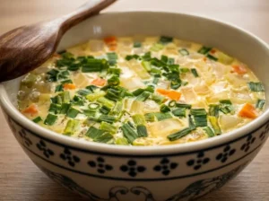 Eine gemusterte Schale servierfertiges Khai Tun. Die glatte Oberfläche des thailändischen gedämpften Eies ist großzügig mit frischen Frühlingszwiebel-Ringen und Karottenwürfeln bestreut. Ein Holzlöffel liegt auf dem Schüsselrand.