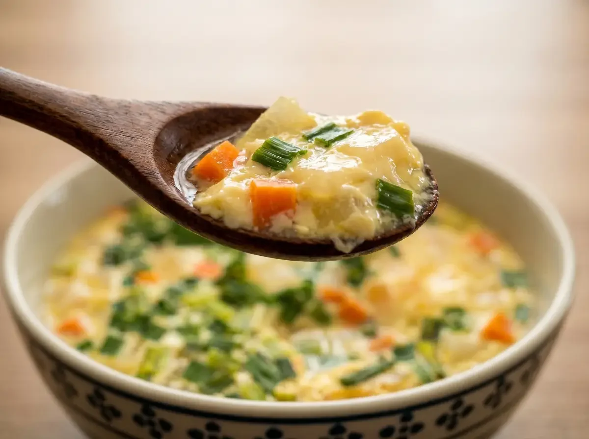 Ein Holzlöffel hebt eine Portion Khai Tun (thailändisches gedämpftes Ei) an. Die seidenweiche, puddingartige Textur der Ei-Masse mit feinen Karottenwürfeln und Frühlingszwiebeln ist deutlich zu erkennen.