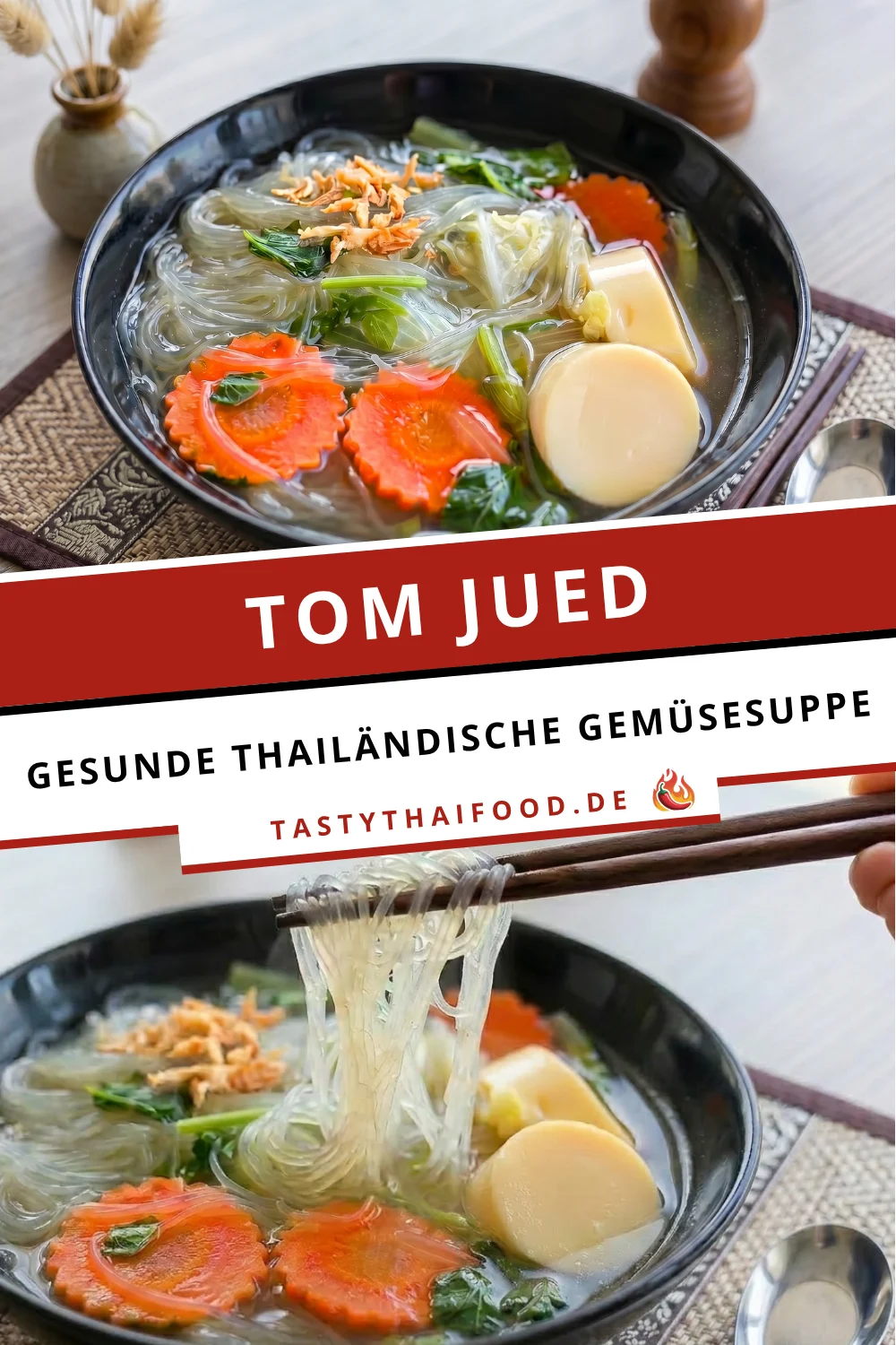 Tom Jued Rezeptgrafik: thailändische Gemüsesuppe mit Glasnudeln, Gemüse und Tofu in schwarzer Schüssel