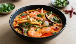 Tom Yum Goong Rezept mit Garnelen, Pilzen, Kräutern und Chilis in aromatischer Thai Suppe