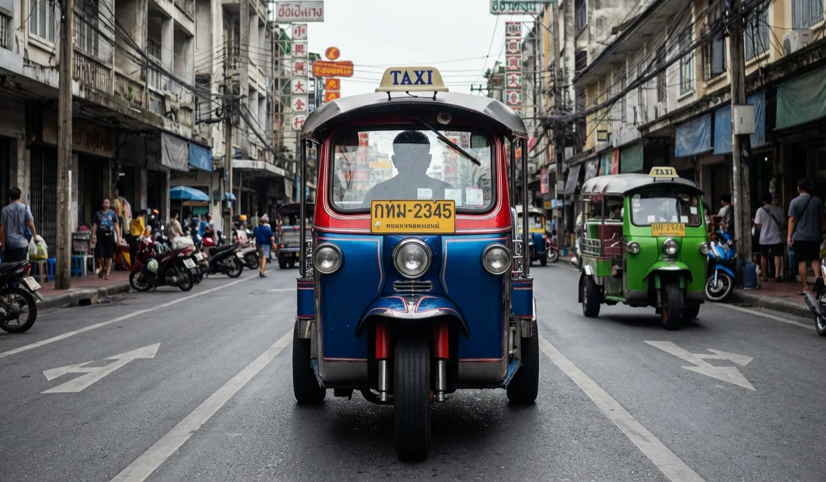 Ein blau-rotes Tuk-Tuk mit der Aufschrift ‚TAXI‘ und einem gelben Nummernschild fährt frontal auf einer Straße in Thailand auf die Kamera zu. Im Hintergrund sind alte, mehrstöckige Gebäude mit vielen hängenden Stromleitungen, Passanten und ein weiteres, grünes Tuk-Tuk auf der rechten Seite zu sehen.