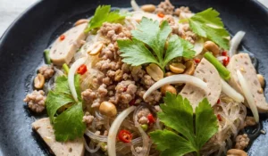 Yum Woon Sen, ein Thai Glasnudelsalat mit Hackfleisch, Kräutern, Zwiebeln, Chili, Erdnüssen und Wurstscheiben auf schwarzem Teller