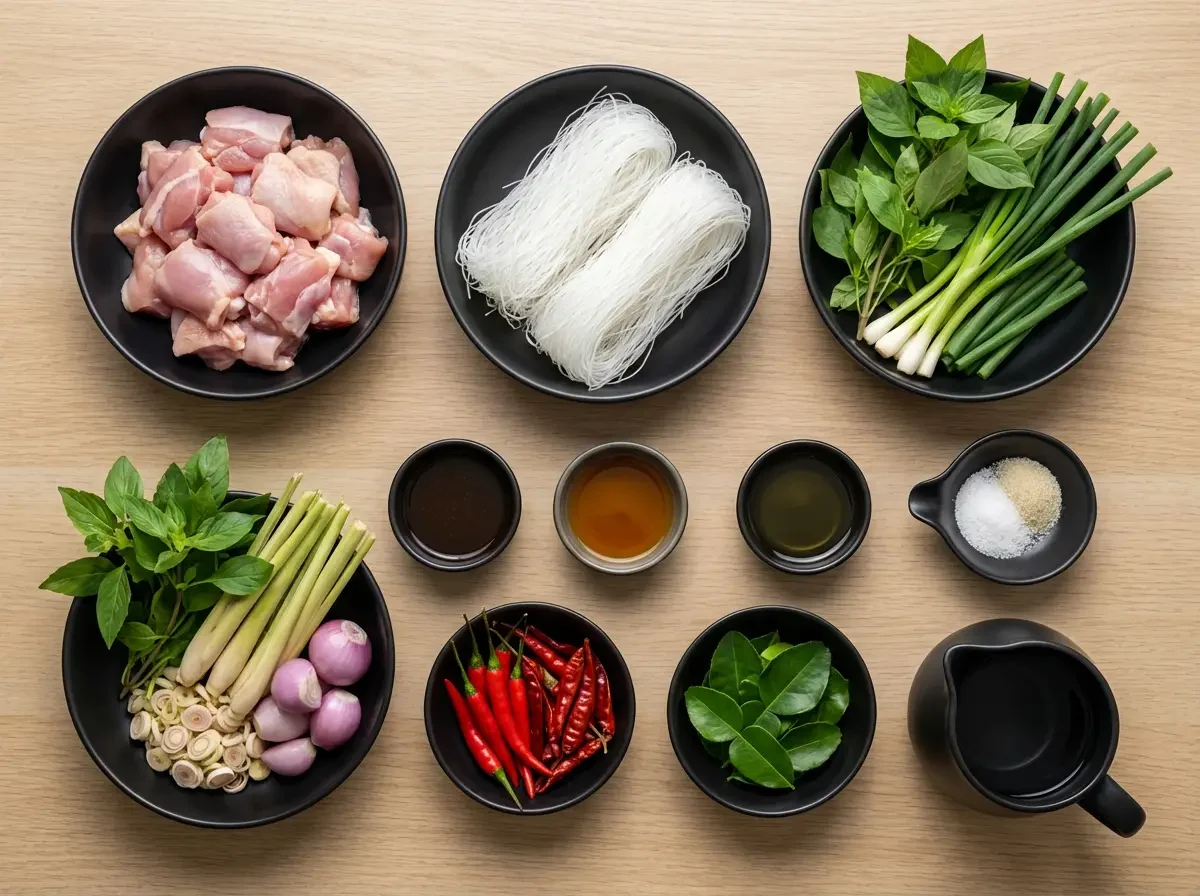 Draufsicht auf alle Zutaten für die Thai Glasnudelsuppe mit Hühnchen, die übersichtlich in schwarzen Schalen auf einem Holztisch arrangiert sind. Das Bild zeigt rohes Hühnchenfleisch, trockene Glasnudeln, frische Kräuter, Zitronengras, Chilis sowie verschiedene Soßen und Gewürze.