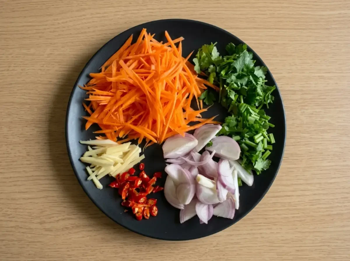 Ein schwarzer Teller mit den vorbereiteten frischen Zutaten für das Nam Sod Rezept: fein gestiftelte Karotten, gehackter Koriander, in Spalten geschnittene rote Zwiebeln, fein gehackte rote Chilis und frische Ingwerstreifen.