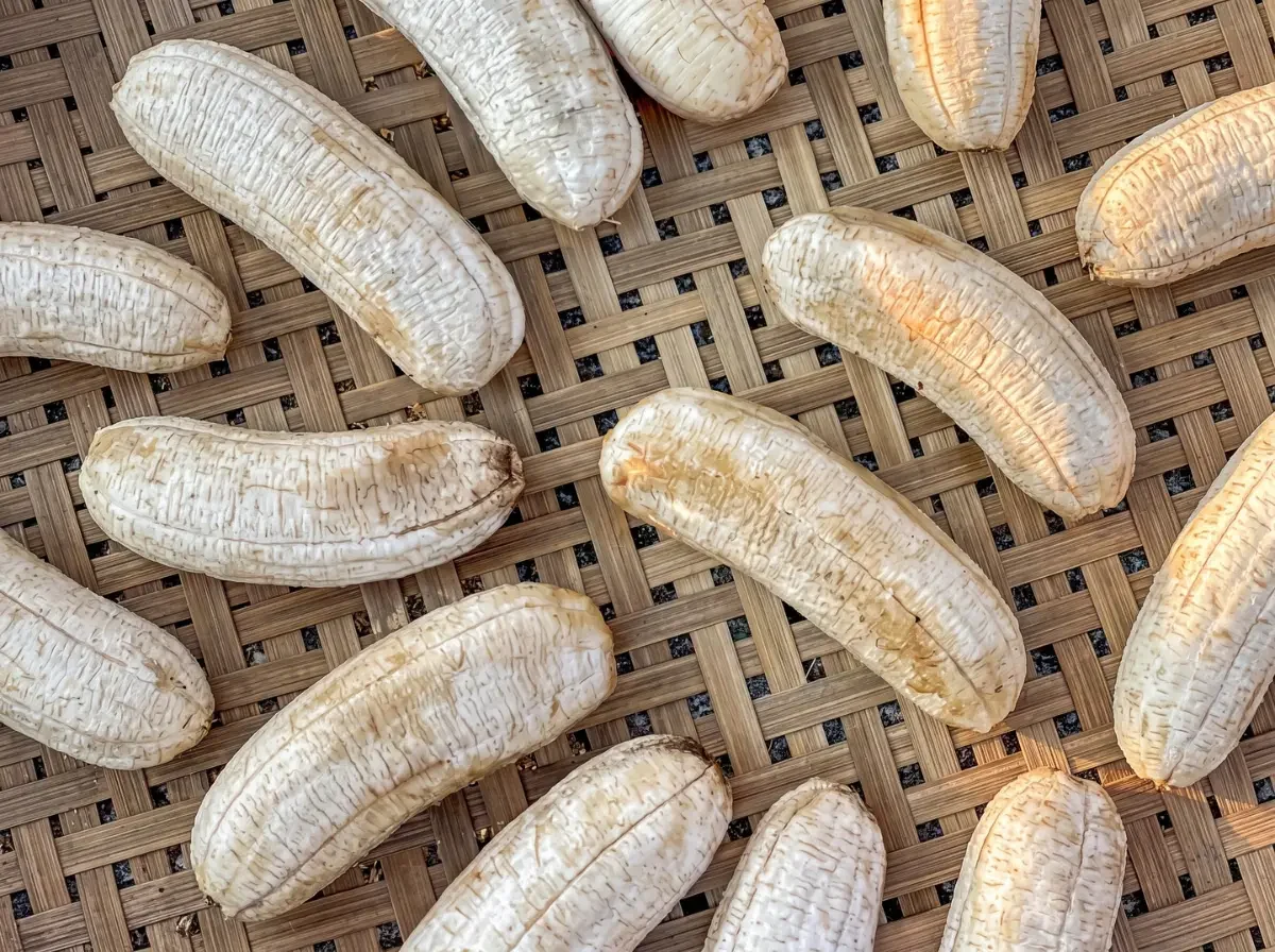 Der erste Trocknungsschritt für Kluay Tak: Geschälte, noch ganze und helle Bananen liegen mit großzügigem Abstand zum Dörren auf einem geflochtenen Bambustablett.