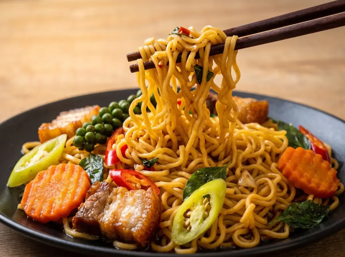 Holzstäbchen heben eine große Portion der würzigen Drunken Mama Noodles vom schwarzen Teller. Darunter liegen krosse Schweinebauchscheiben, Karotten und grüner Thai-Pfeffer.