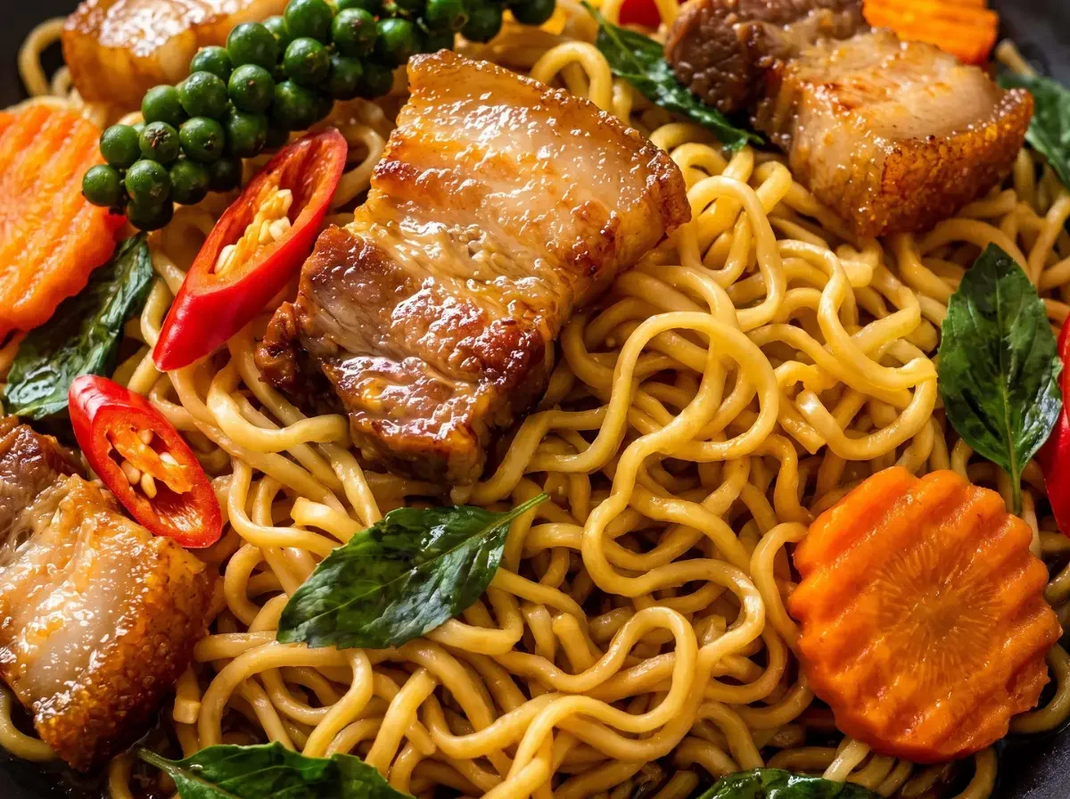 Nahaufnahme von Drunken Mama Noodles. Ein glänzendes, goldbraun gebratenes Stück Schweinebauch liegt auf den welligen Instantnudeln, umgeben von frischem grünem Pfeffer und roter Chili.