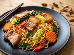 Ein schwarzer Teller mit frisch gebratenen Drunken Mama Noodles. Die gewürzten Instantnudeln sind mit krossem Schweinebauch, frischen grünen Pfefferrispen, Chilis und Heiligem Basilikum angerichtet.