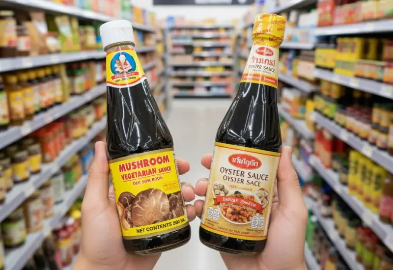 Zwei Hände halten jeweils eine Flasche asiatische Würzsauce in einem Supermarktgang. In der linken Hand befindet sich eine Flasche „Mushroom Vegetarian Sauce“ (Pilz-Veggie-Sauce), in der rechten eine Flasche „Oyster Sauce“ (Austernsauce). Im Hintergrund sind volle Regale mit weiteren asiatischen Lebensmitteln zu sehen.
