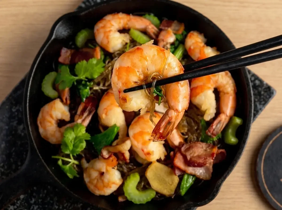 Schwarze Stäbchen heben eine saftige Garnele aus einem heißen Topf mit thailändischen Glasnudeln mit Garnelen, knusprigem Bacon und frischem Sellerie.
